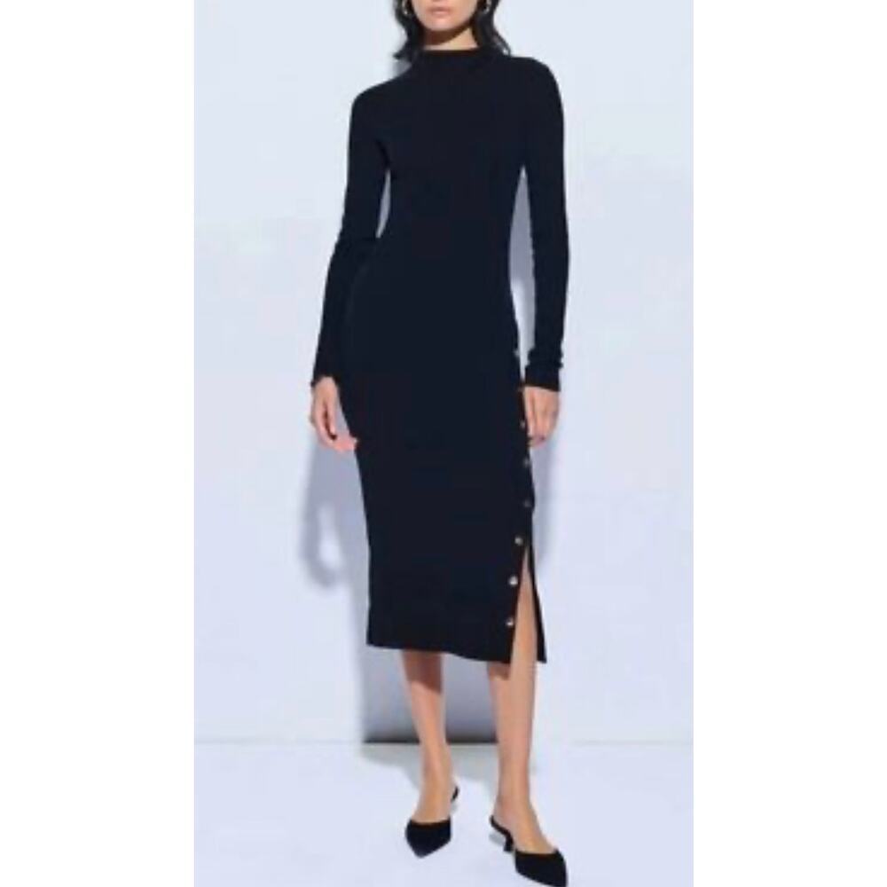 Nation LTD Black Ribbed Long Sleeve Leni Side Snap Dress Large Minimalist Chic